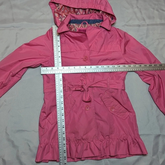London Fog Girl 14-16 Pink Coral Trench Coat Button Front Removable Hood Frill - Picture 3 of 13